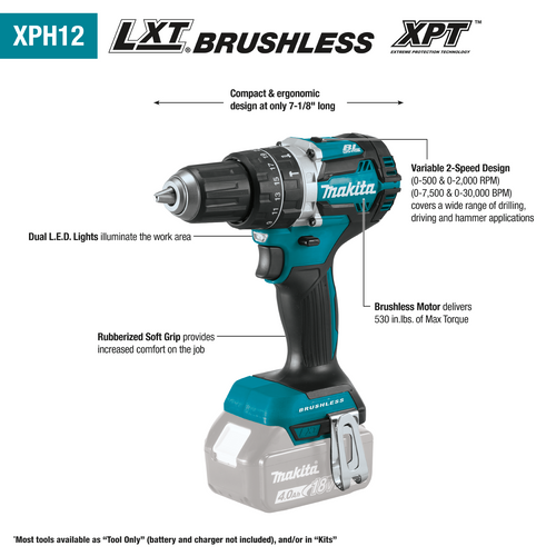 Makita 18V LXT® Lithium‑Ion Compact Brushless Cordless 1/2 Hammer Driver‑Drill, Tool Only (XPH12Z)
