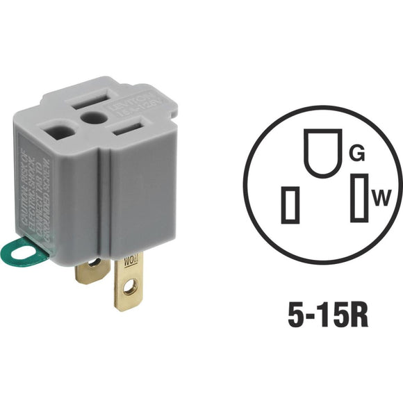 Leviton 15A 125V Gray Grounding Cube Tap Outlet Adapter