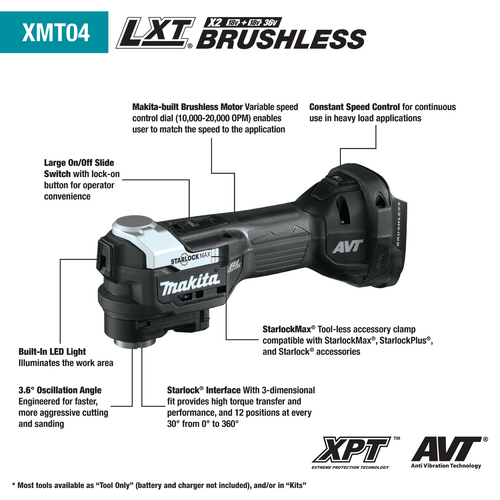 Makita 18V LXT® Lithium‑Ion Sub‑Compact Brushless Cordless StarlockMax® Oscillating Multi‑Tool, Tool Only (12 Overall Length - XMT04ZB)