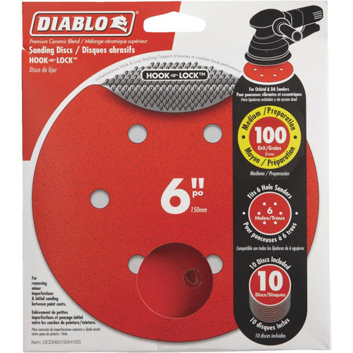 Diablo 6 In. 100-Grit 6-Hole Pattern Vented Sanding Disc with Hook and Lock Backing (10-Pack)