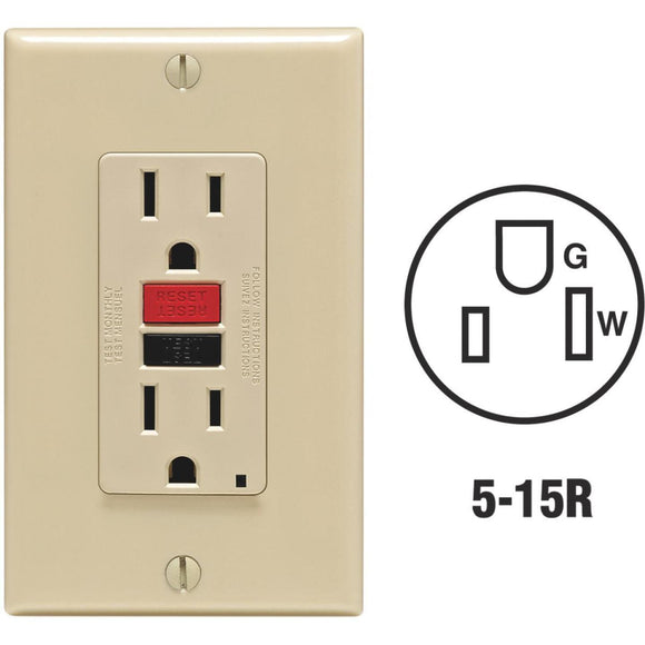 Leviton SmartlockPro Self-Test 15A Ivory Residential Grade 5-15R GFCI Outlet with Wall Plate